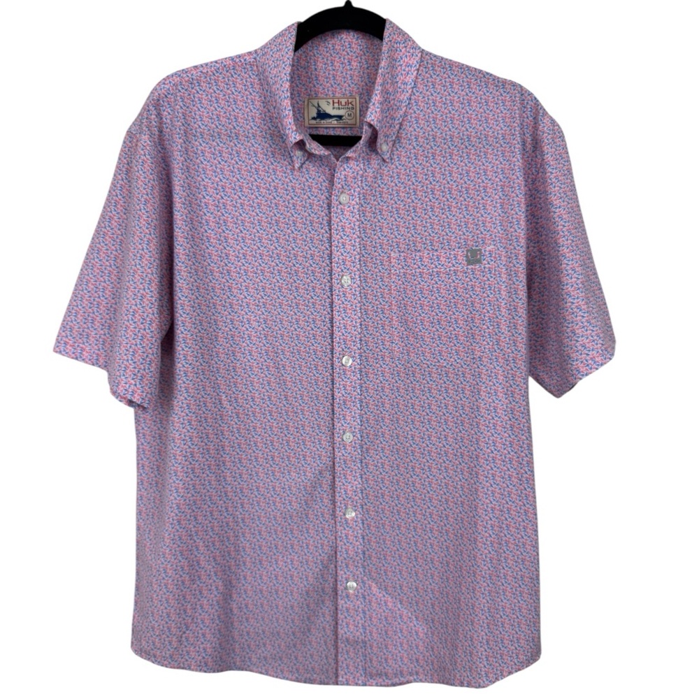 Huk Fishing Mens M Short Sleeve Button Up Shirt Fishing Fly Print Casual